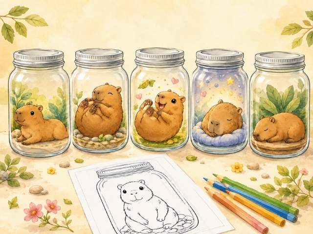 Capybara im Einmachglas – eine kleine Fantasiewelt zum Ausmalen