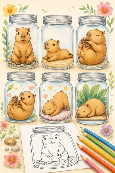 Capybara im Einmachglas – eine kleine Fantasiewelt zum Ausmalen